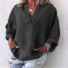 Andongnywell Women's Solid Color Long Sleeve V Neck Cardigan Buttons Tops Button Shirts Blouses Button Shirt (Black,3,Large) view 2