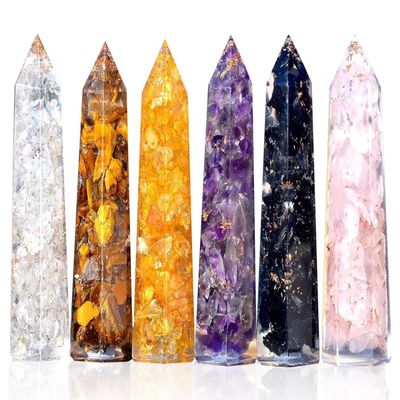Healing Orgonite Crystal Wand Set of 6 3.5 Amethyst, Tigers Eye, Rose Quartz, Black Tourmaline, Citrine & Clear Quartz Wands Reiki Energy Generator with Free Black Tourmaline Necklace