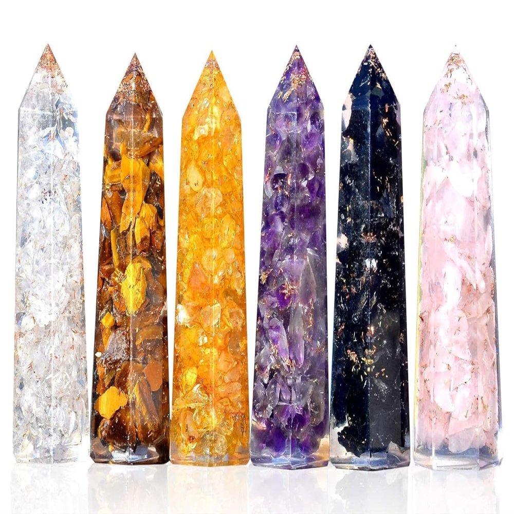 Healing Orgonite Crystal Wand Set of 6 3.5 Amethyst, Tigers Eye, Rose Quartz, Black Tourmaline, Citrine & Clear Quartz Wands Reiki Energy Generator with Free Black Tourmaline Necklace