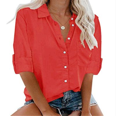 Andongnywell Women Solid color Long Sleeve V Neck Shirts Button Down Basic Tops V-neck button shirt (Red,6,3X-Large)