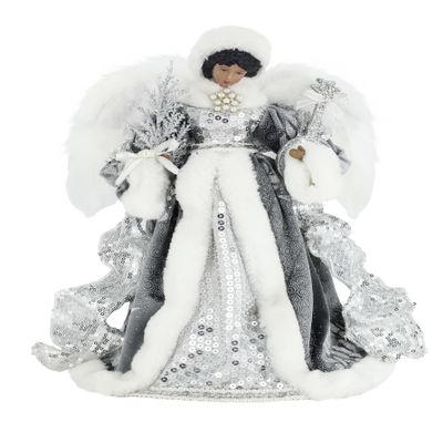 14" Inch Ethnic African American Standing Graceful Grey Glittering Mandolin Angel Christmas Tree Topper or Table Top 514116