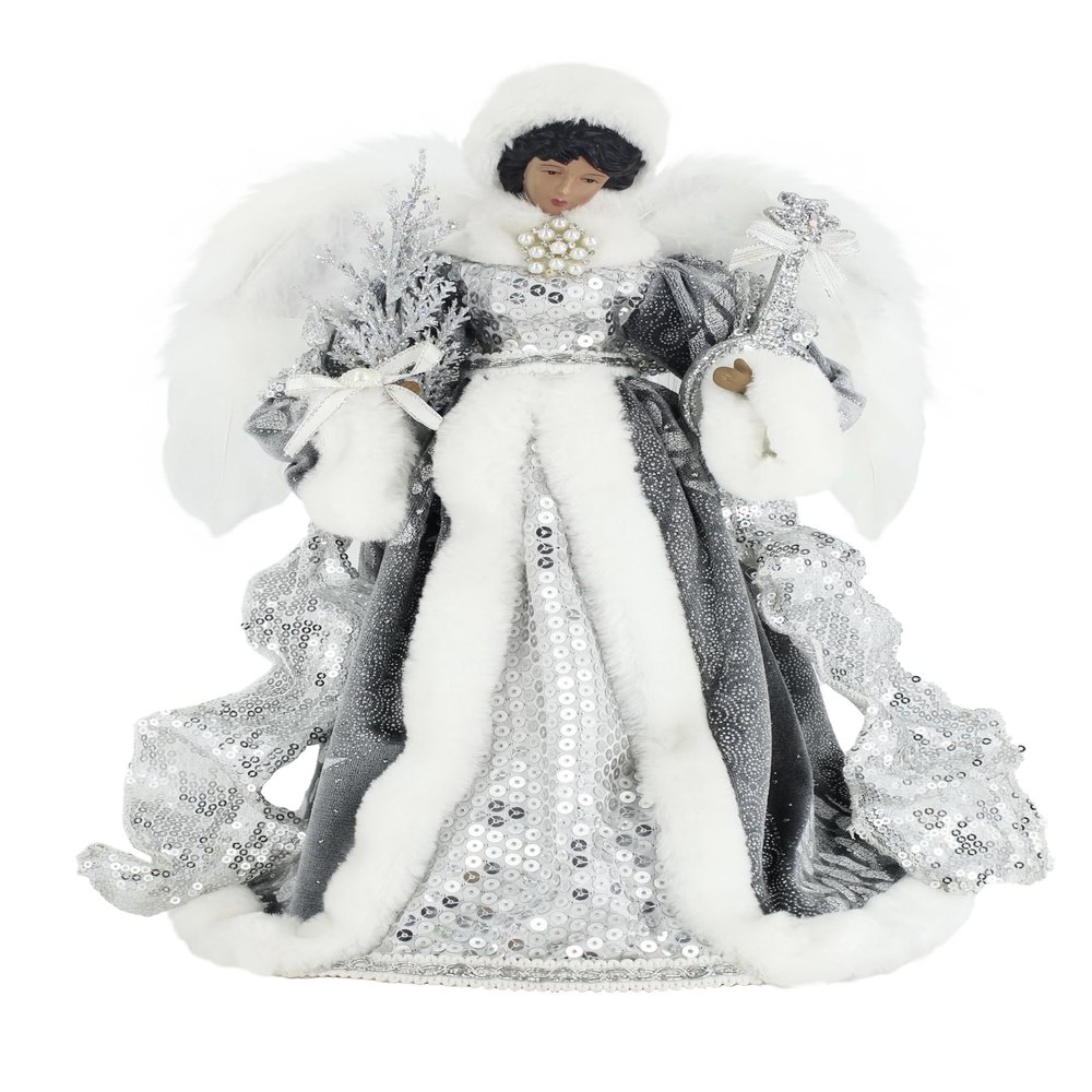 14" Inch Ethnic African American Standing Graceful Grey Glittering Mandolin Angel Christmas Tree Topper or Table Top 514116