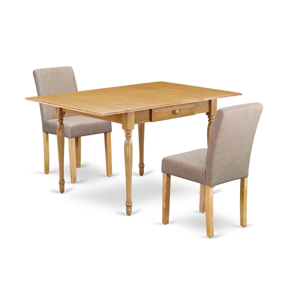 East West Furniture 1MZAB3-OAK-04 3 Piece Dining Table Set Contains a Rectangle Kitchen Table with Dropleaf and 2 Light Tan Linen Fabric Upholstered Chairs, 36x54 Inch, Oak