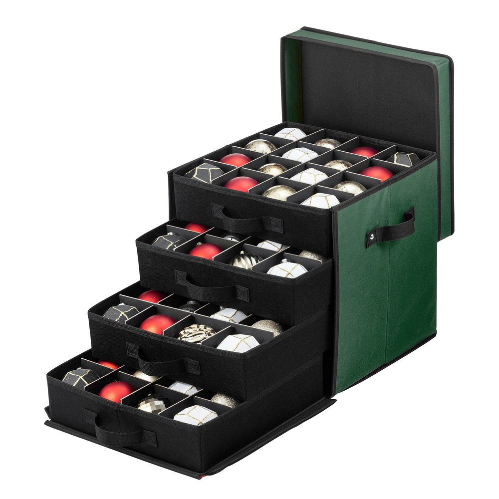 ZOBER Christmas Ornament Storage Box - Stores 64 3" Ornaments with Drawer Style Trays - Tear Proof 600D Oxford Fabric - Ornament Organizer Storage Box, Durable Christmas Containers Holder - Green