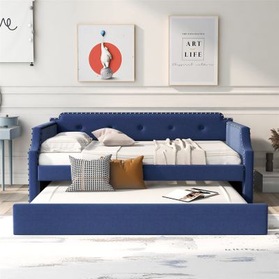 Harper & Bright Designs Twin Daybed Upholstered Daybed with Trundle, Twin Size Sofa Bed Wood Bed Frame for Kids/Teens/Girls/Boys, Blue