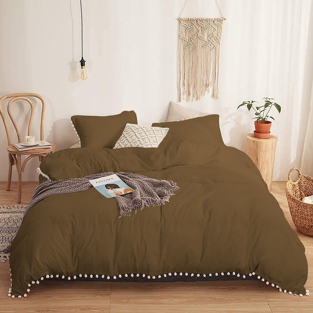 1 Piece White Vintage Pom-Fringe Pompom Duvet Cover with Zipper Closure, 100% Egyptian Cotton, 800 Thread Cotton, Oversized Super King Taupe Solid