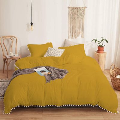 3 Piece White Vintage Pom-Fringe Pompom Duvet Cover with Zipper Closure, 100% Egyptian Cotton, 800 Thread Cotton, King/Cal King Size Gold Solid