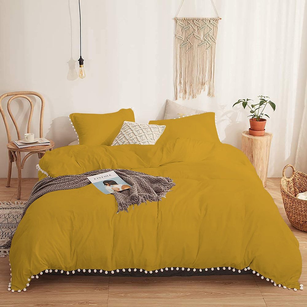 3 Piece White Vintage Pom-Fringe Pompom Duvet Cover with Zipper Closure, 100% Egyptian Cotton, 800 Thread Cotton, King/Cal King Size Gold Solid