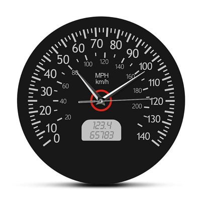 Speedometer Kilometers and Miles Printed Wall Clock Racing Mechanics Wall Art Black Car Dashboard Gauge Wall Watch Garage Decor(No Frame)