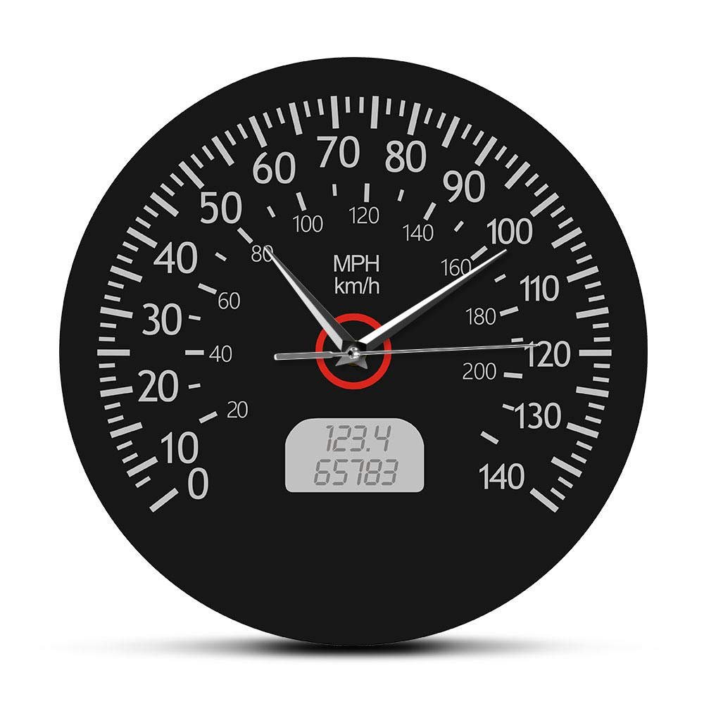 Speedometer Kilometers and Miles Printed Wall Clock Racing Mechanics Wall Art Black Car Dashboard Gauge Wall Watch Garage Decor(No Frame)