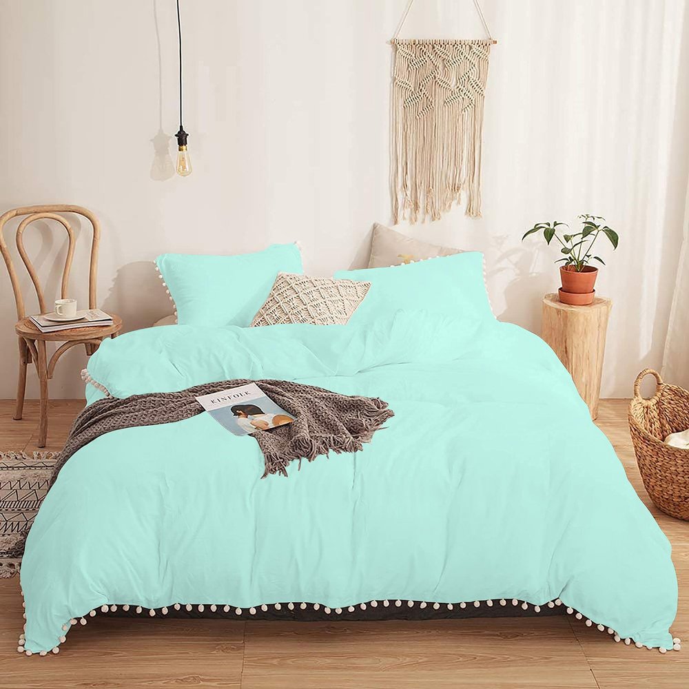 3 Piece White Vintage Pom-Fringe Pompom Duvet Cover with Zipper Closure, 100% Egyptian Cotton, 800 Thread Cotton, Twin/Twin XL Size Aqua Blue Solid