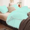 3 Piece White Vintage Pom-Fringe Pompom Duvet Cover with Zipper Closure, 100% Egyptian Cotton, 800 Thread Cotton, Twin/Twin XL Size Aqua Blue Solid view 3
