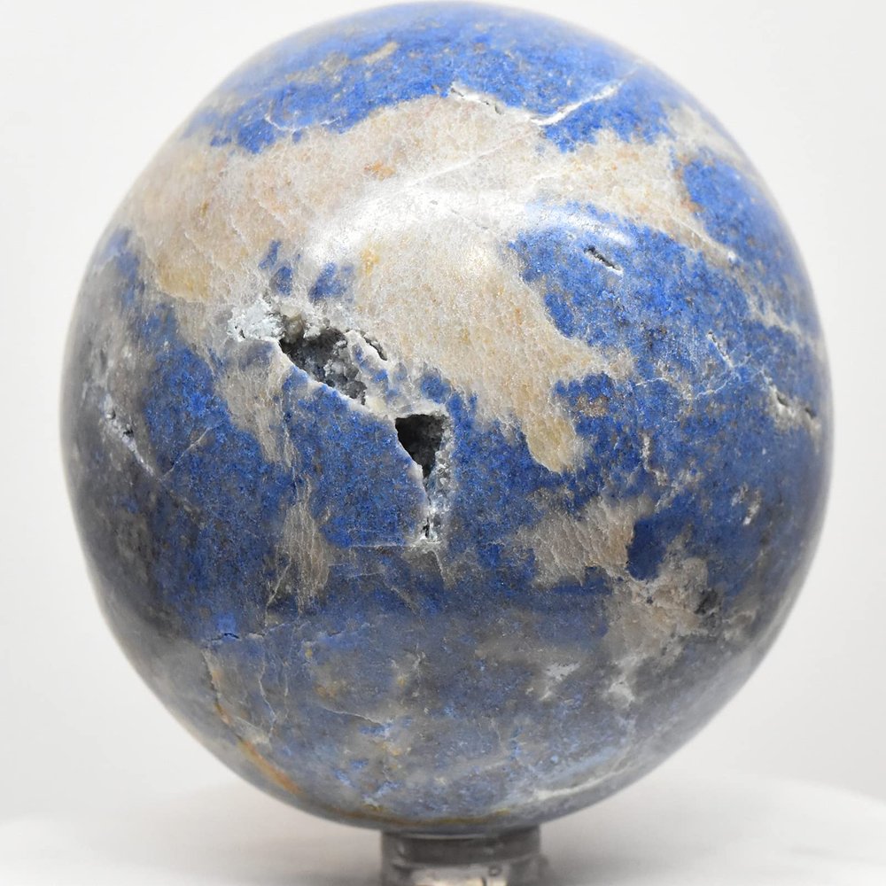75mm 610g Blue Dumortierite w/Silverish Quartz & Open Druzy Sphere Polished Natural Gemstone Crystal Mineral Ball - Peru + Stand