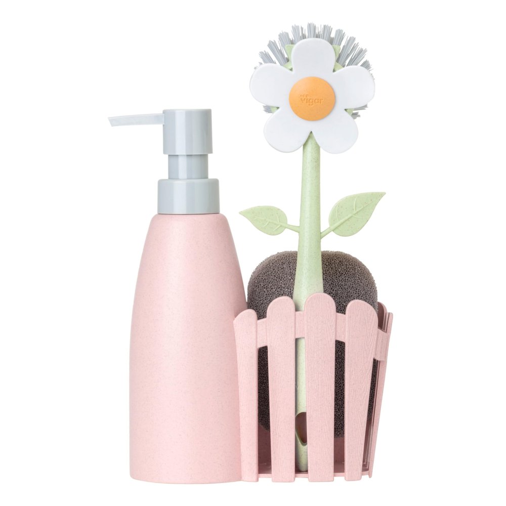 Vigar Florganic Kitchen Soap Dispenser Set, Dish Soap Dispenser with Sponge Caddy and Dish Brush, Daisy-Themed, Perfect Kitchen Sink Caddy, Pink
