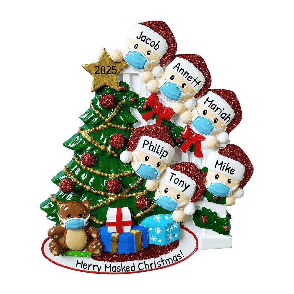 3D Masked Family of 6 Ornament 2025 Personalized Family Christmas Ornaments 2025 | Staircase Personalized Tree Ornaments for Grandchildren, Siblings & Grandkids Xmas Tree with Gifts of Six Ornament