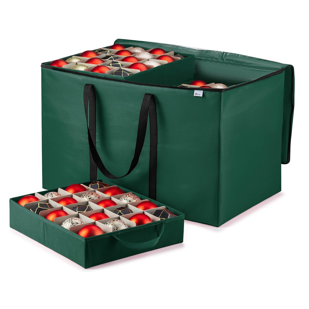 ZOBER Christmas Ornament Storage Box - Stores 200 3" Ornaments with Individual Trays - Tear Proof 600D Oxford Fabric - ornament organizer storage box, Durable Christmas Containers Holder - Green