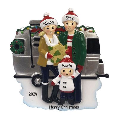3D Camper Family of 3 Christmas Ornament 2025 Personalized Family Christmas Ornaments 2025 | Holiday RV for Winter Travel Personalized Tree Ornaments Customizable Gifts Camping Van of Three Ornament