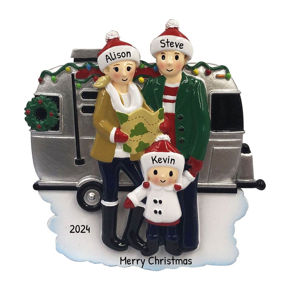3D Camper Family of 3 Christmas Ornament 2025 Personalized Family Christmas Ornaments 2025 | Holiday RV for Winter Travel Personalized Tree Ornaments Customizable Gifts Camping Van of Three Ornament