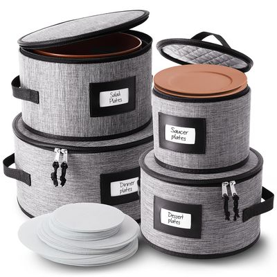 Fine China Storage Containers Hard Shell, 4 Piece Dish Storage Containers, Quilted Plate Storage Containers, Stackable Dish Organizer with Dividers, Dinnerware Storage for Moving and Seasonal Storage