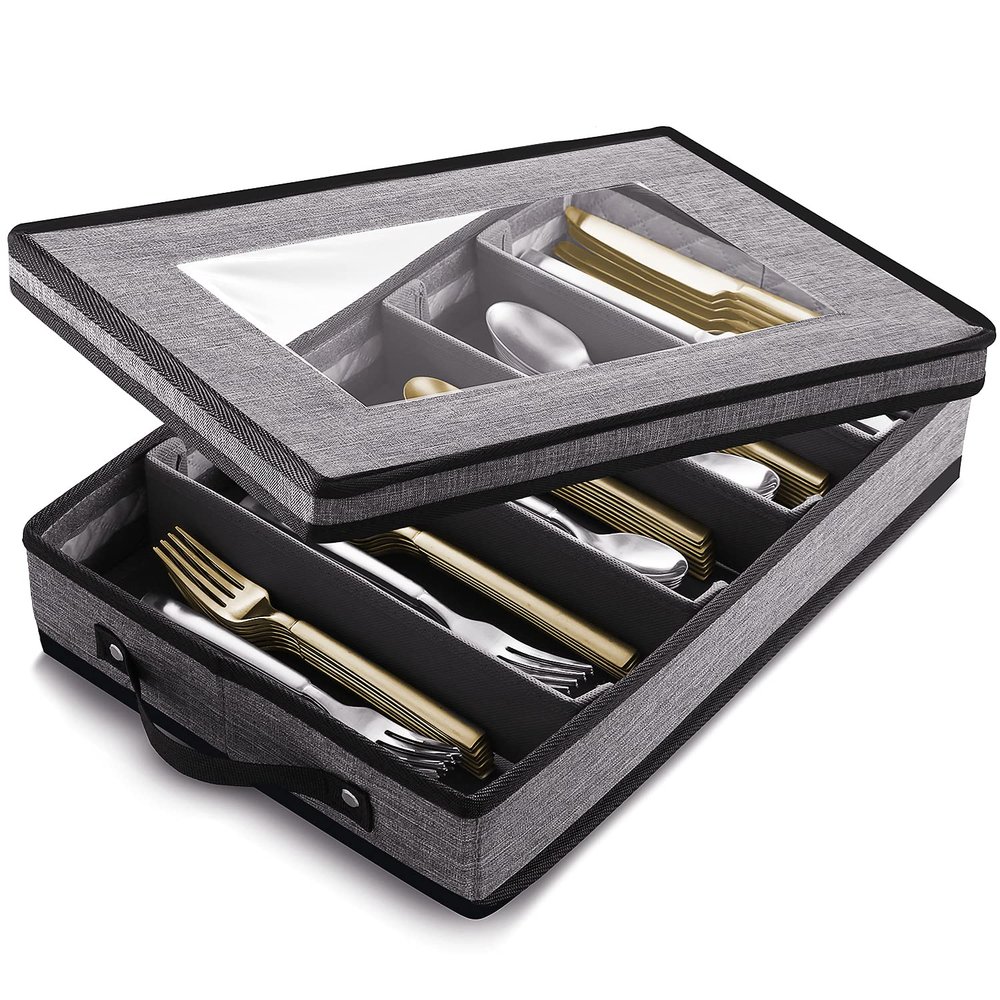Flatware & Utensil Storage, Durable Silverware Storage Box with Padded Dividers, 5 Compartment Flatware Storage Case, Silverware Case with Handles and Removable Lid - Protects and Organizes Cutlery