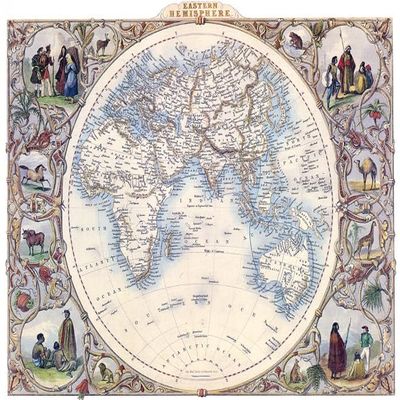 1800's World Globe Eastern Hemisphere Map People Animals Poster Reproduction (16 X 24 Image Size Paper)
