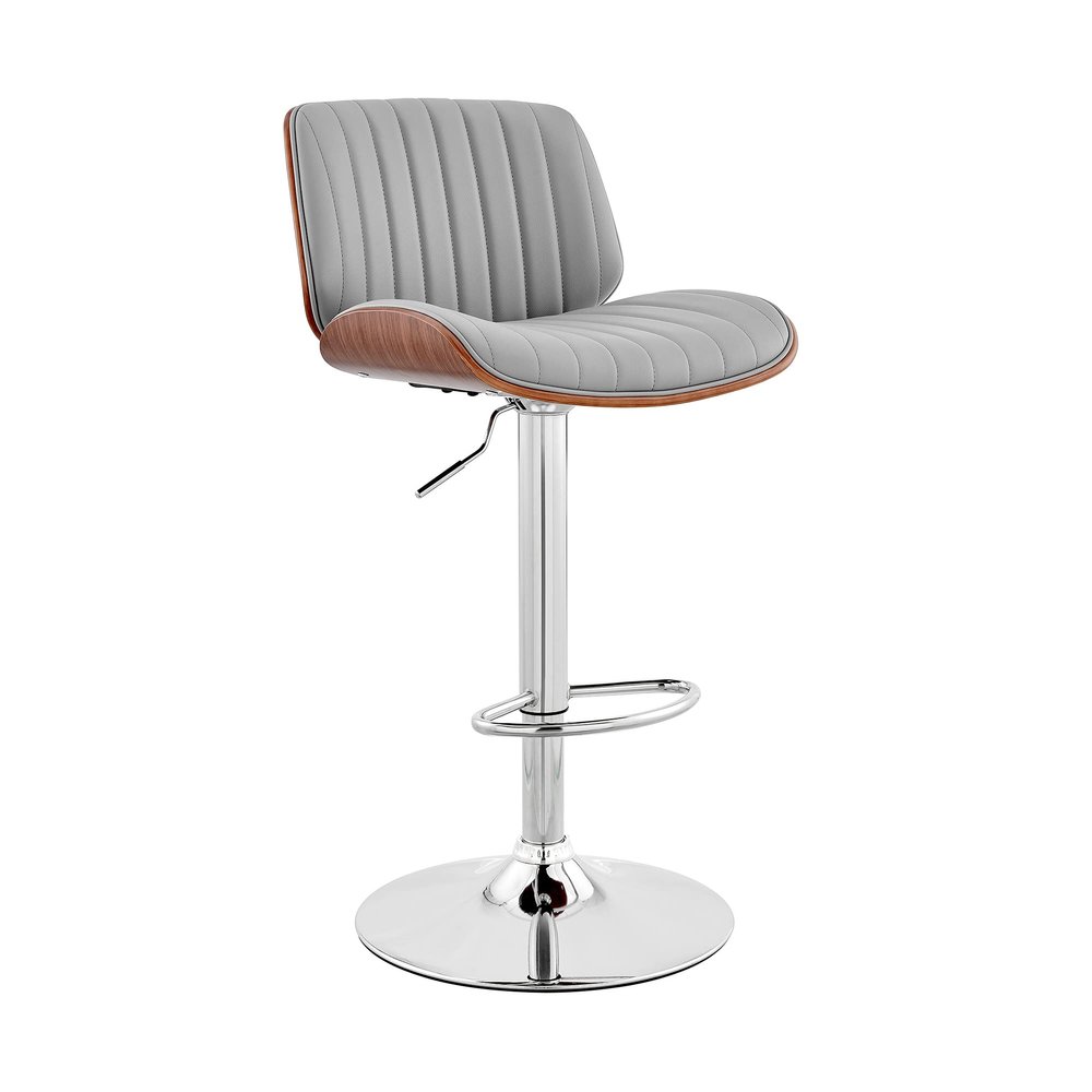 Armen Living Brock Modern Adjustable Height Swivel Gray Faux Leather and Walnut Wood Bar Stool with Chrome Base for Kitchen Island Counter