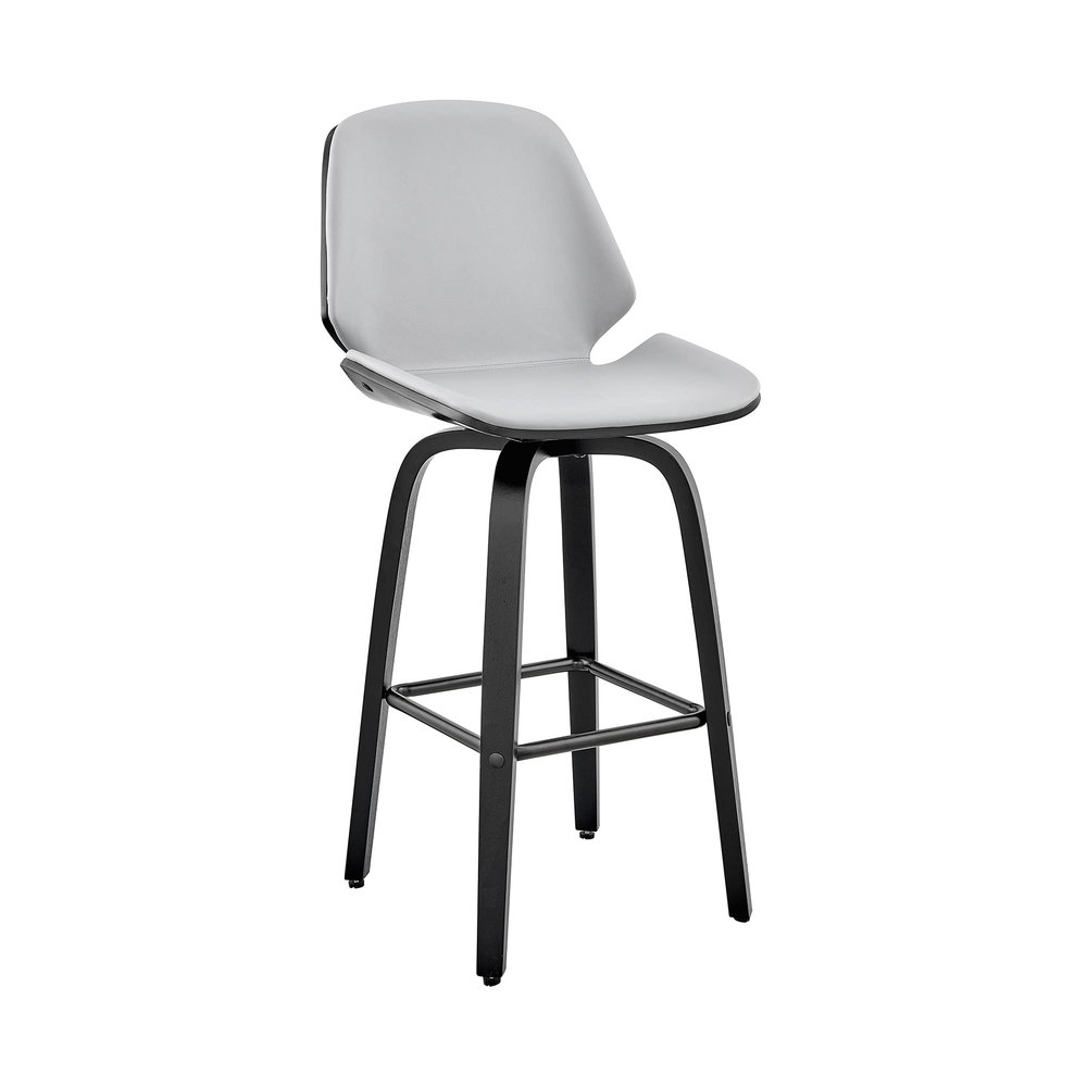 Armen Living Arabela Mid Century Modern Swivel Bar Stool for Kitchen Island Counter in Gray Faux Leather and Black Wood, 26" Seat Height