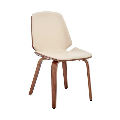 Armen Living Brinley Mid Century Modern Cream Faux Leather and Walnut Wood Dining Room Accent Side Chair for Kitchen Table Desk Vanity