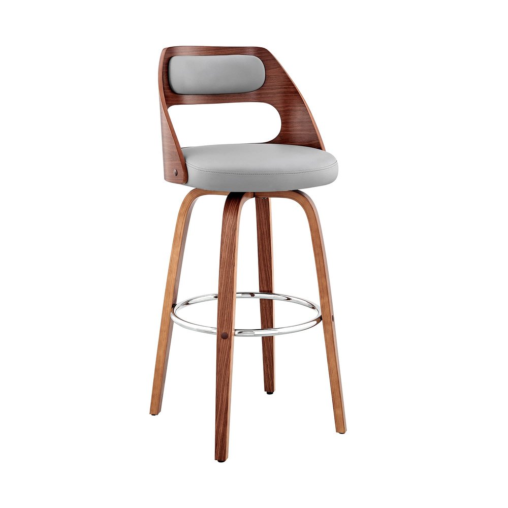 Armen Living Julius Mid Century Modern Swivel Bar Stool for Kitchen Island Counter in Gray Faux Leather and Walnut Wood, 26" Seat Height