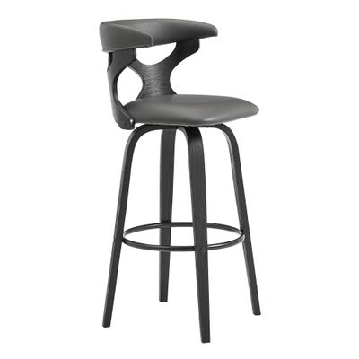 Armen Living Zenia 30" Seat Height Swivel Bar Stool in Gray Faux Leather and Black Wood