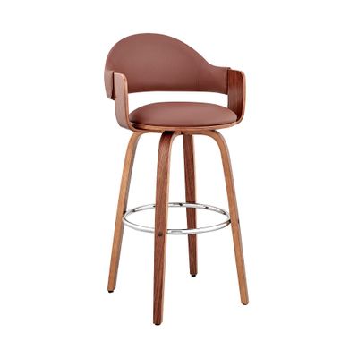 Armen Living Daxton Mid Century Modern Swivel Bar Stool for Kitchen Island Counter in Brown Faux Leather and Walnut Wood, 30" Seat Height