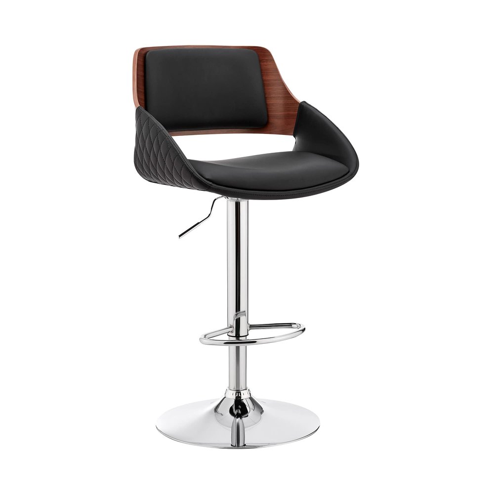 Armen Living Colby Modern Adjustable Height Swivel Black Faux Leather and Walnut Wood Bar Stool with Chrome Base for Kitchen Island Counter