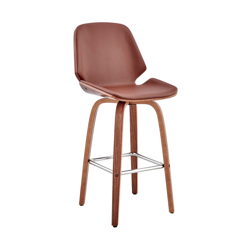Armen Living Arabela Mid Century Modern Swivel Bar Stool for Kitchen Island Counter in Brown Faux Leather and Walnut Wood, 26" Seat Height