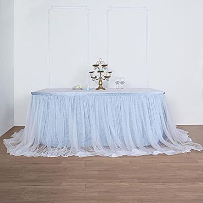 14FT Extra Long 48" Two Layered Tulle & Satin Table Skirt - Dusty Blue | White
