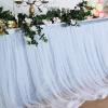 14FT Extra Long 48" Two Layered Tulle & Satin Table Skirt - Dusty Blue | White view 4