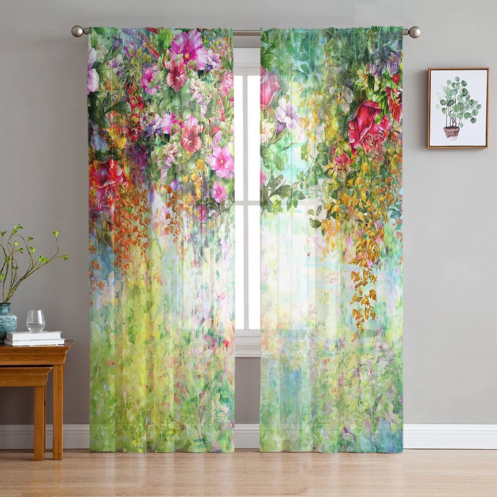 Printed House Sheer Curtains Panels Voile Rod Pocket Semi Sheer Curtains Blooming Spring, Chiffon Window Drape Treatment for Living Room Bedroom Colorful Floral Print, 52WX84H X2