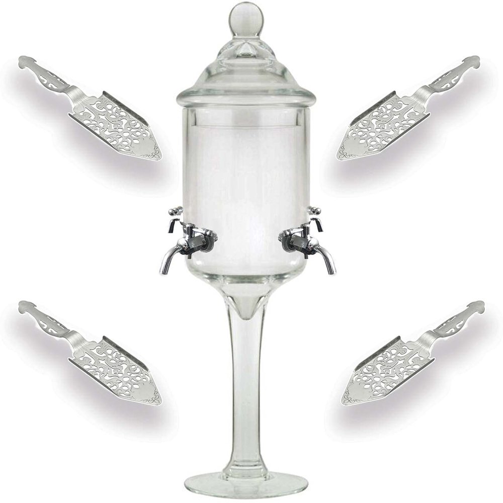 Absinthe Fountain and Spoon Set - Glass Pearl Bubble Fountain Dripper with 4 Metal Spouts, Absinthe Dripper Decanter, and Sugar Spoon Set