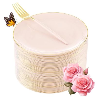 LIYH 96 Pcs Pink and Gold Disposable Plastic Dessert Plates and Forks Set - 7.5" Plastic Appetizer Plates & 9" Gold Cake Forks for Tea Parties, Birthdays, Baby Shower 48 Guests