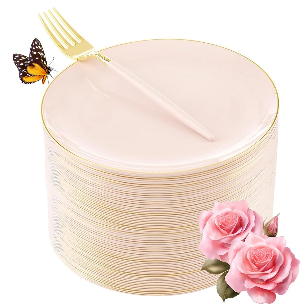 LIYH 96 Pcs Pink and Gold Disposable Plastic Dessert Plates and Forks Set - 7.5" Plastic Appetizer Plates & 9" Gold Cake Forks for Tea Parties, Birthdays, Baby Shower 48 Guests