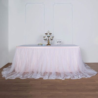 14FT Extra Long 48" Two Layered Tulle & Satin Table Skirt - Rose Gold | White