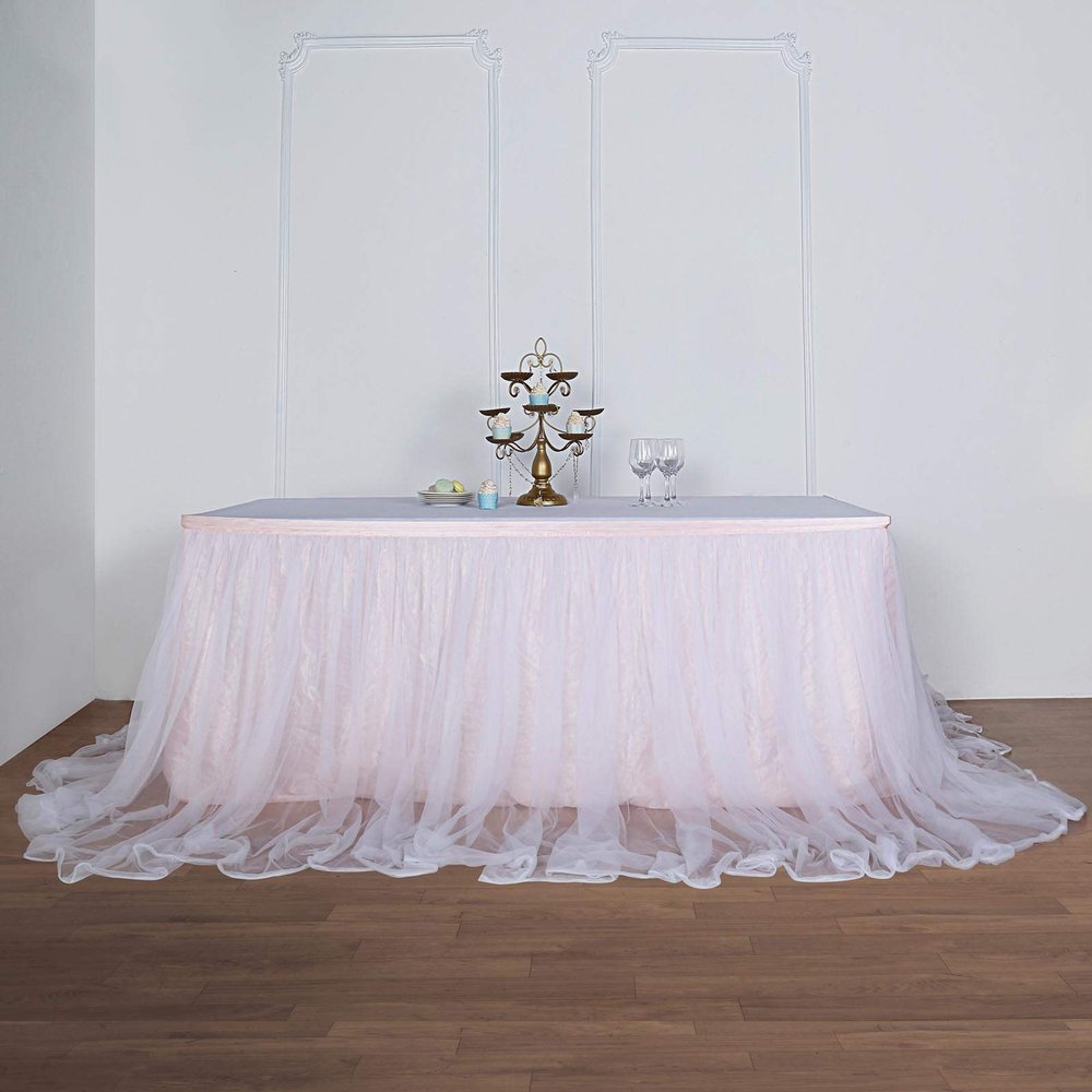 14FT Extra Long 48" Two Layered Tulle & Satin Table Skirt - Rose Gold | White