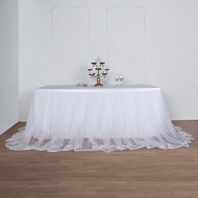 14FT Extra Long 48" Two Layered Tulle & Satin Table Skirt - White | White