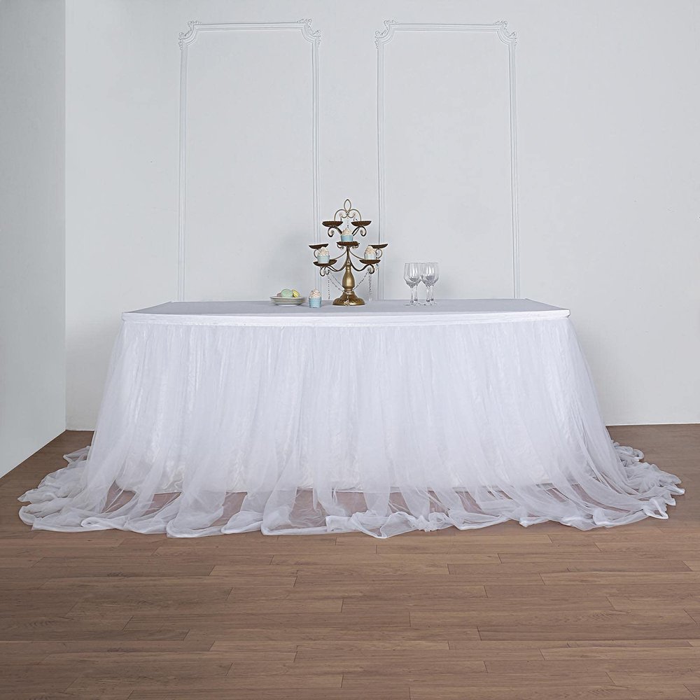 14FT Extra Long 48" Two Layered Tulle & Satin Table Skirt - White | White