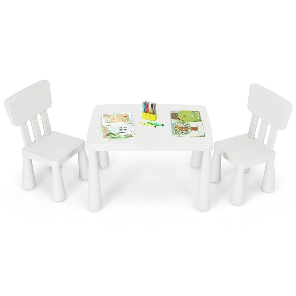 Costzon Kids Table and Chairs, 3 Piece Plastic Easy Clean Children Activity Desk for Reading, Drawing, Snack Time, Arts Crafts, Preschool, Kindergarten & Playroom, Toddler Table and Chair Set (White)