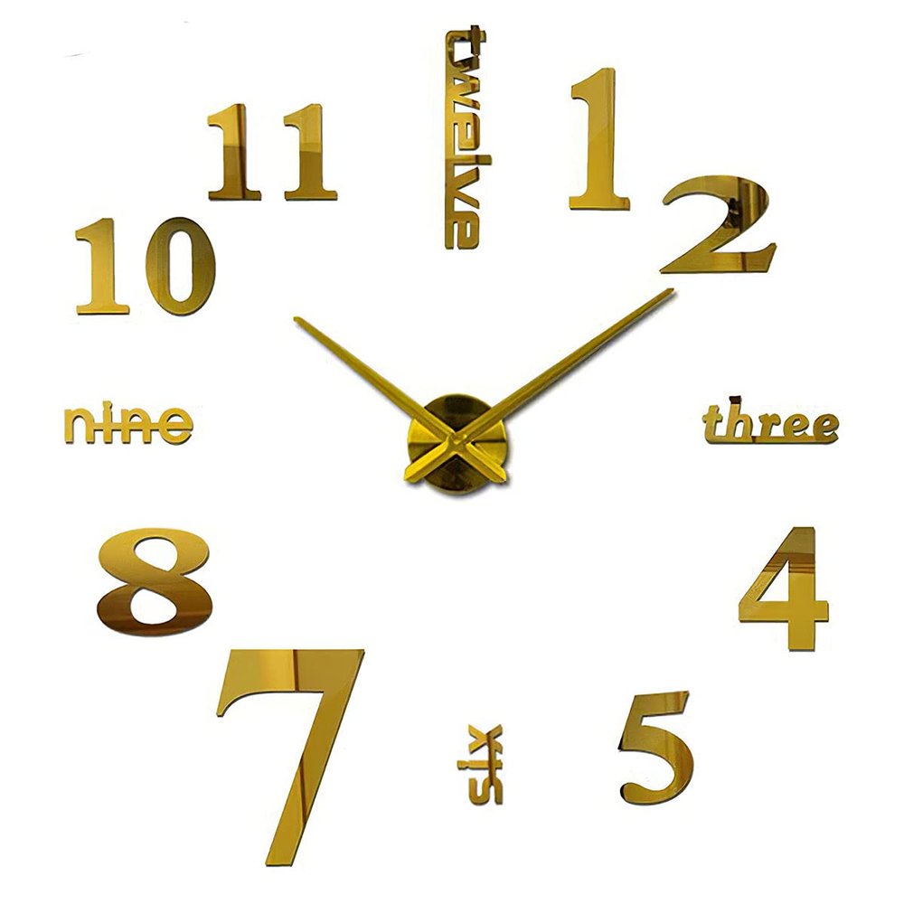3D DIY Large Wall Clocks for Living Room Decor, Wall Clock Stickers Frameless Mirror Surface Wall Sticker Home Decor Silent Modern Wall Clocks for Bedroom Kitchen Office School Wall Decoration (Gold)