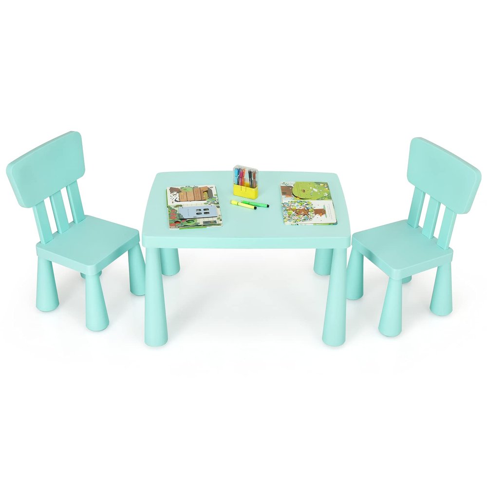 Costzon Kids Table and Chairs, 3 Piece Plastic Easy Clean Children Activity Desk for Reading, Drawing, Snack Time, Arts Crafts, Preschool, Kindergarten & Playroom, Toddler Table and Chair Set (Green)