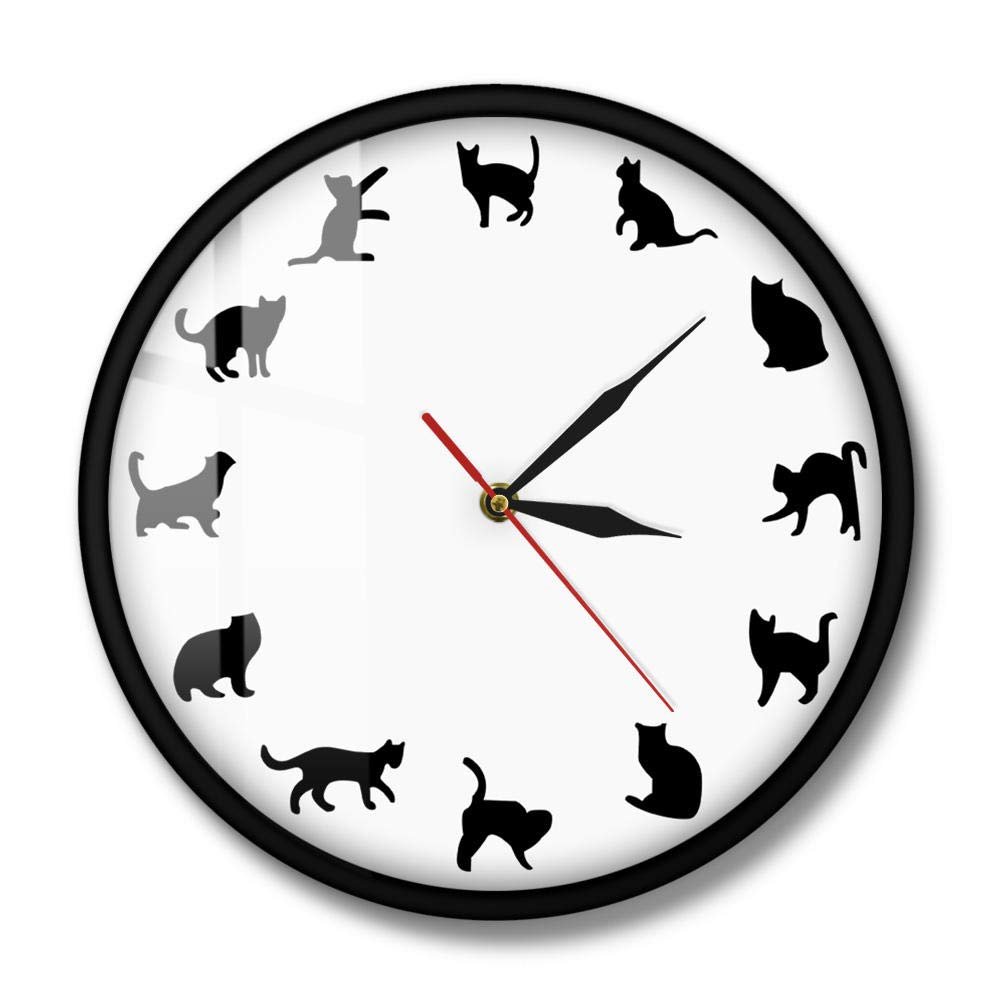 Cats Meow Wall Clock FUUNY Kittens Different Poses Girls Room Wall Decor Black Cats Silhouette Kitty Lovers Modern Wall Clock(Metal Frame)