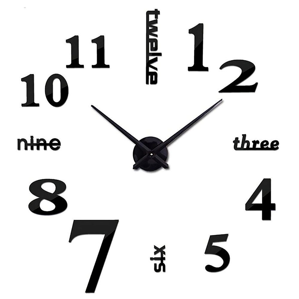 3D DIY Large Wall Clocks for Living Room Decor, Wall Clock Stickers Frameless Mirror Surface Wall Sticker Home Decor Silent Modern Wall Clocks for Bedroom Kitchen Office School Wall Decoration (Black)