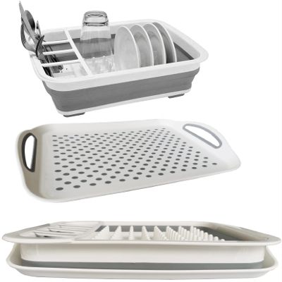 Collapsible Dish Drying Rack with Drain board Set Portable Dish Drainer Foldable Drying Dish Storage Rack Silverware Organizer