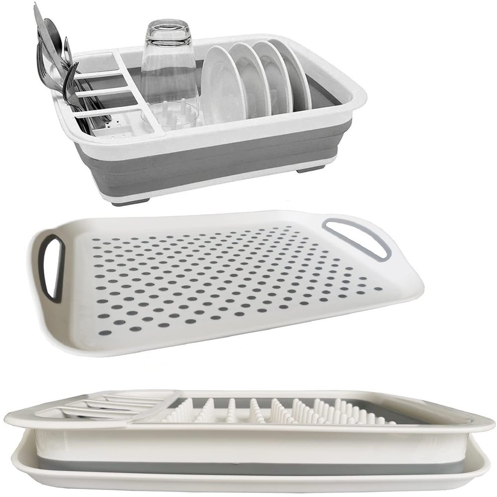 Collapsible Dish Drying Rack with Drain board Set Portable Dish Drainer Foldable Drying Dish Storage Rack Silverware Organizer